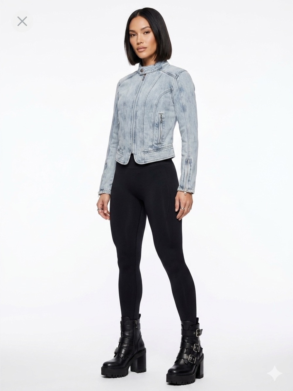 Jason Wu Paneled Zip-Up Denim Moto Jacket in a light stone blue wash